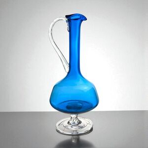 Vintage Mid-Century Modern Blue Glass Decanter: 11-Inch Hand Blown Art Glass
